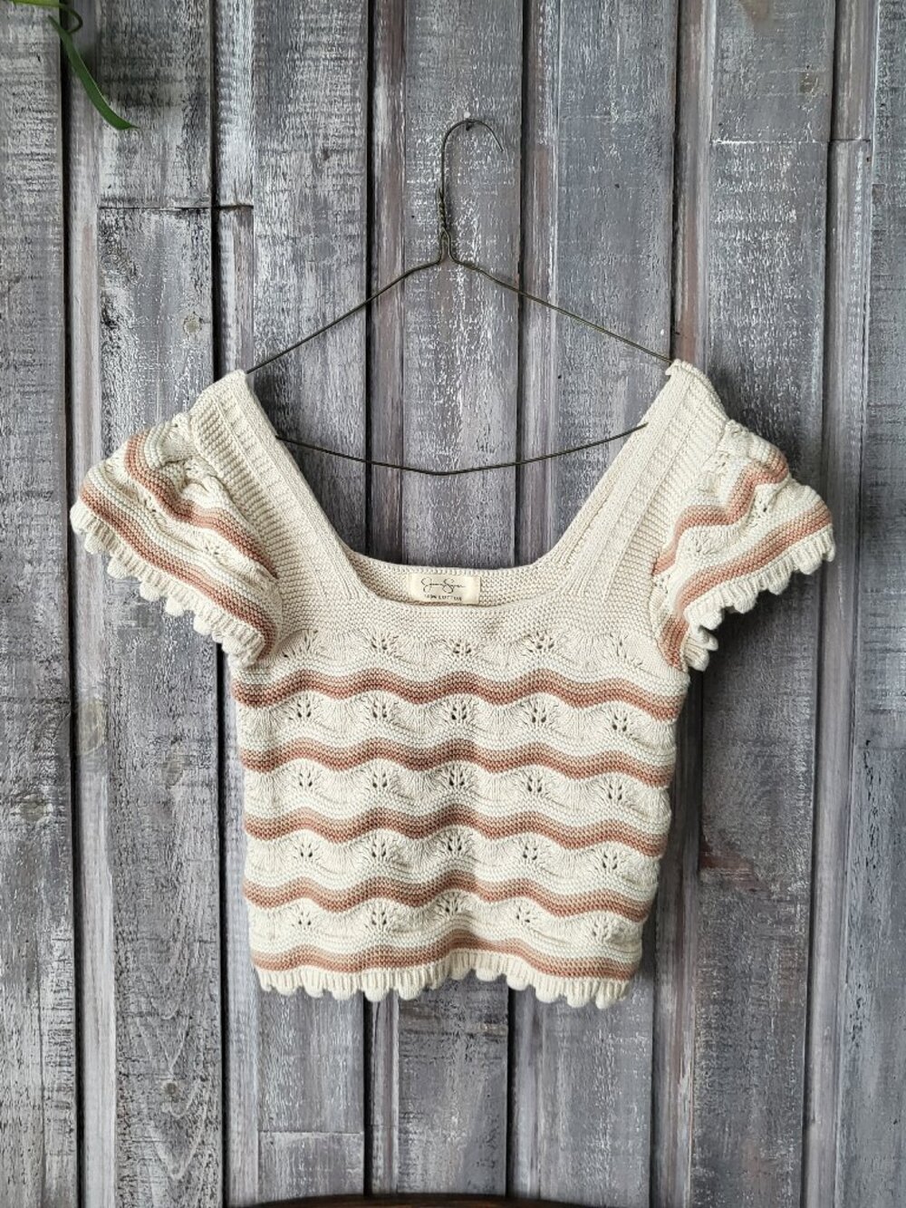 Jessica Simpson Cottagecore 100% Cotton Pointelle Wave Knit Crop Top PTP 14.5